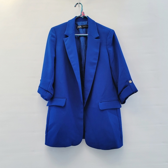 Zara Blazer Cobalt Blue Womens Size Medium Preppy Bold Open Front Workwear - Picture 2 of 16
